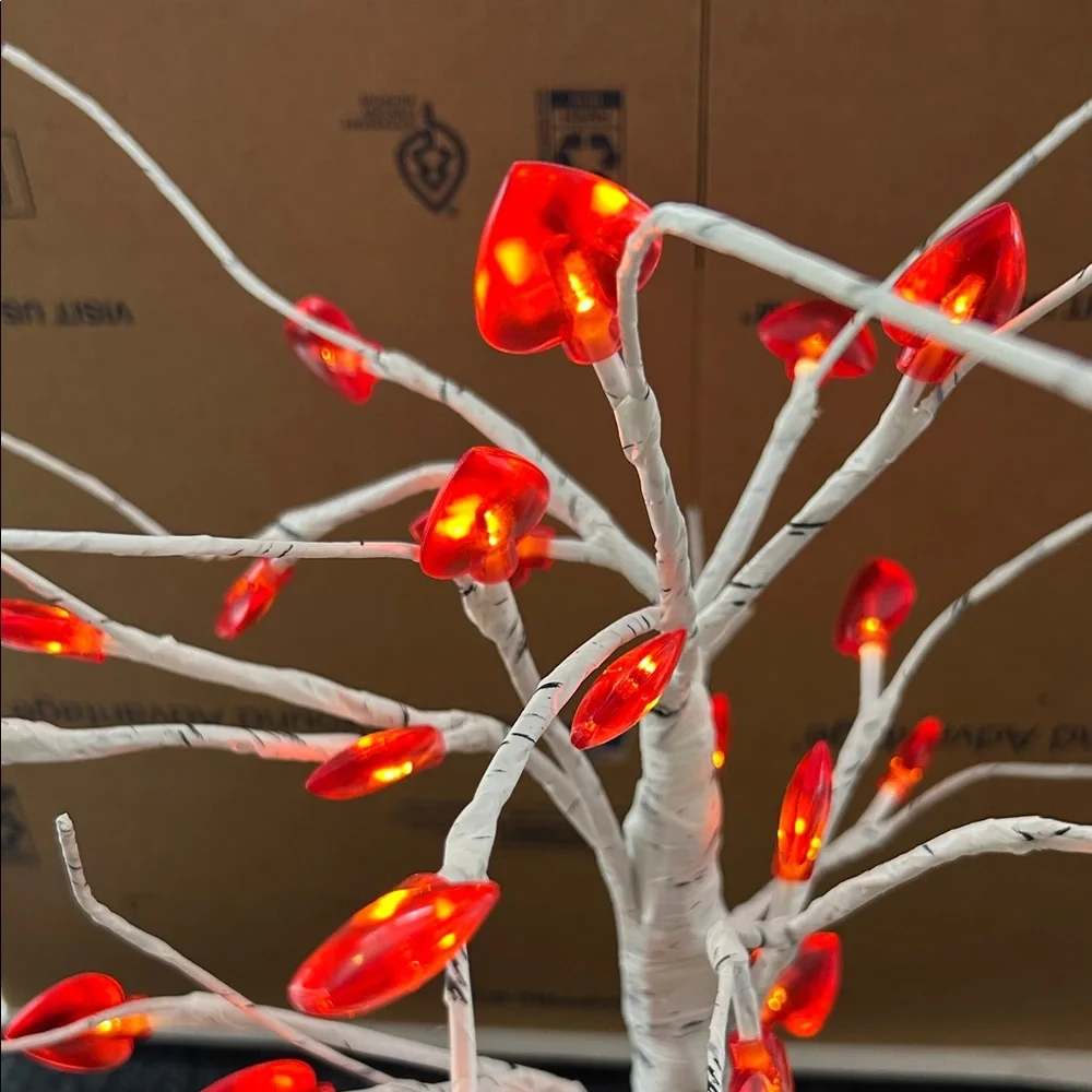 Illuminated Faux Birch Tree with or without Vibrant Red Hearts;Battery Operated